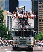 Ray Bourque and the Avalanche celebrate their Stanley Cup win in Denver