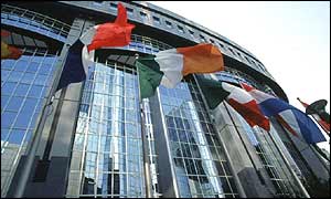 Flags of member states fly outside European Parliament 