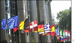 Flags outside European Parliament in Brussels
