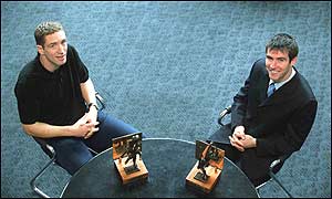 Kieran McGeeney (left) and Kilkenny hurler Philip Larkin received Vodaphone Allstar of the Month awards on Tuesday at Croke Park
