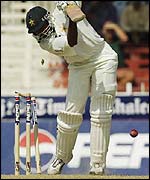 Last man Kaneria is clean bowled by Lee