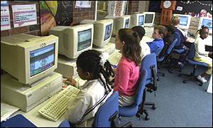 A primary class in a school computer room