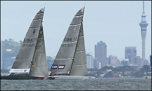 Oracle and GBR Challenge race past the Auckland skyline