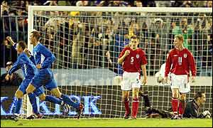 Middlesbrough striker Szilard Nemeth scores the opening goal past England keeper David Seaman