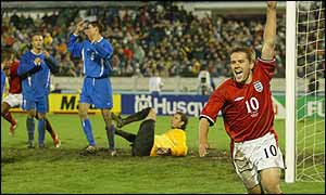 England striker Michael Owen gives his side the lead against Slovakia