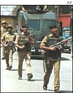 Indian troops patrol the streets in Srinagar