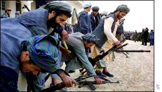 Fighters of key warlord Atta Mohammed laying down their arms near Mazar-e-Sharif, earlier this year