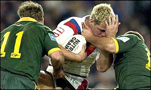 Stuart Fielden of Great Britain comes face to face with the Australian defence earlier this year