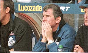 David Pleat anxiously watches his side lose Tottenham Hotspur in October 1997