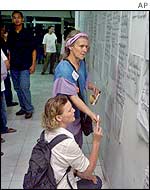 Women looking at lists of the missing at a hospital in Denpasar, Bali.