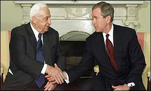 Israeli Prime Minister Ariel Sharon and US President George W Bush during talks last year