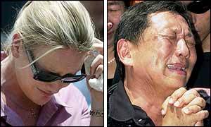 Western woman cries (PA) and an Indonesian man expresses grief at a memorial ceremony (AFP)