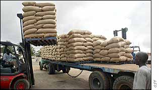 Cocoa bags being loaded onto a truck in Abidjan