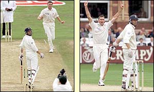 Glenn McGrath tempts Michael Atherton into an edge at Headingley in 2001