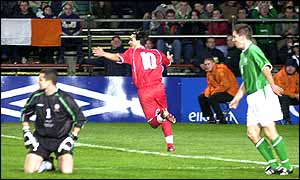Hakan Yakin celebrates scoring the opener against the Republic of Ireland