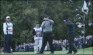 Nick Faldo and Michael Campbell decide to end play after the sixth play-off hole as darkness intervenes