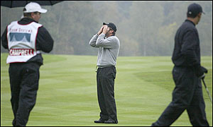 Nick Faldo despairs at a missed putt on the seventh extra hole