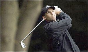 Sergio Garica tees off at the second in his match against Padraig Harrington