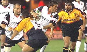 Toulouse full-back Xavier Garbajosa is tackled before later being sent off