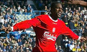 Salif Diao celebrates after giving Liverpool the lead