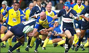 Montferrand's Eric Lecomte is tackled at Bristol's Memorial Stadium 