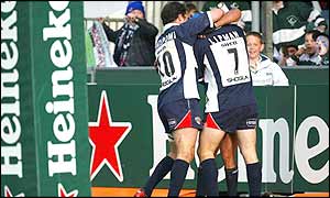 The Bristol team celebrate their shock victory over Montferrand