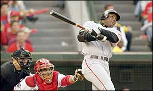 Barry Bonds hits the first homer over the right-field wall off Jarrod Washburn