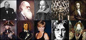 Churchill, Darwin, Shakespeare, Brunel, Newton, Nelson, Cromwell, Princess Diana, Lennon, Elizabeth I
