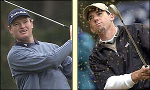 Ernie Els and Sergio Garcia during a tense afternoon session