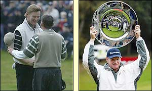 Sergio Garcia throws away his hard work after poor tee shots on the 34th and 35th holes and hands the title to Ernie Els