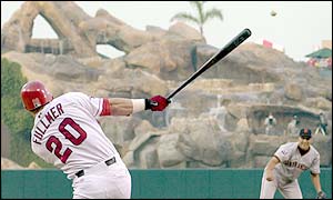 Brad Fullmer slugs a single for the Angels