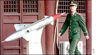 A Chinese soldier walks past an old missile
