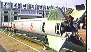 Still from North Korea TV of what is believed to be a Taepodong -1 missile