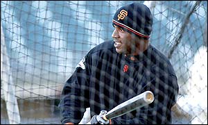 Barry Bonds, in training on Monday, has hit 46 home runs at San Francisco's stadium this season