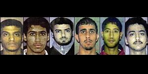 The six suspects, from left to right, Faysal Galab, Mukhtar Al-Bakri, Sahim Alwan, Yahya Goba , Shafal Mosed, and Yasein Taher 