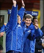 Partick boss John Lambie (right) and his dugout celebrate