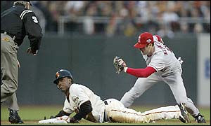 Kenny Lofton, of the Giants, is tagged out in the World Series
