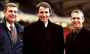 Gary Lineker with BBC Match of the day colleagues Trevor Brooking and Alan Hansen