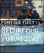 Fishermen protesting on a boat