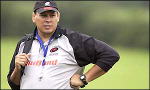 Wayne Shelford looks on in training with Saracens