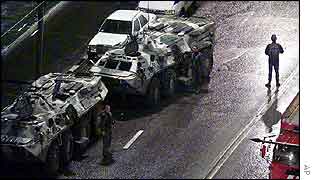 Armoured cars outside theatre