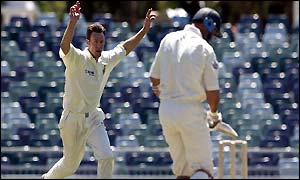 Western Australia's Callum Thorp claims the prize wicket of England captain Nasser Hussain, out for one run