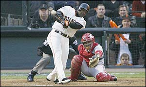 Barry Bonds connects during Thursday's game in San Francisco.