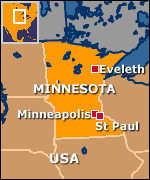 Map of Minnesota showing Minneapolis-St Paul and Eveleth