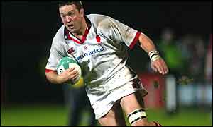 Lock Mark Blair surges towards the Llanelli try-line for Ulster