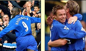 Jimmy Floyd Hasselbaink scores the first goal and creates the second for Graeme Le Saux 