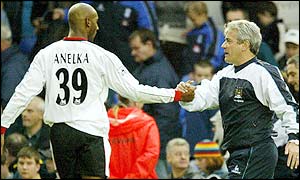 Nicolas Anelka celebrates scoring the second goal as Man City end a run of six games without a win 