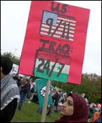Muslim student Sana Malik demonstrates against war in Iraq
