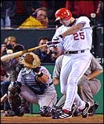 Anaheim Angels Troy Glaus hits a two-run double to score the go-ahead run in the eighth inning 