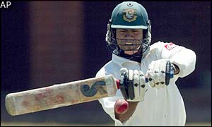 Bangladesh opener Hannan Sarkar pulls a short delivery